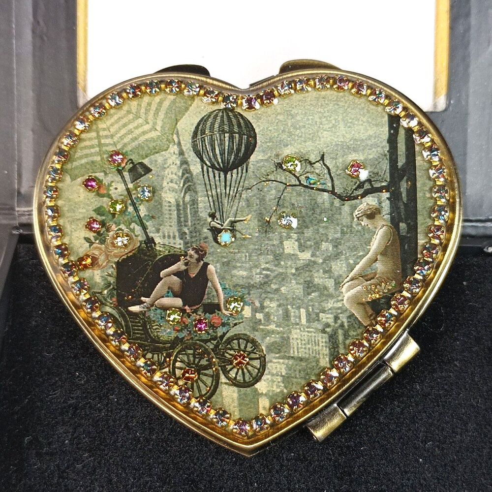 Michal Negrin Crystals Heart Shaped Mirror Compact‎ In Original Box 2.5"